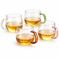 4-Piece Clear Glass Mug Set with Colorful Handles – Elegant Tea & Coffee Cups