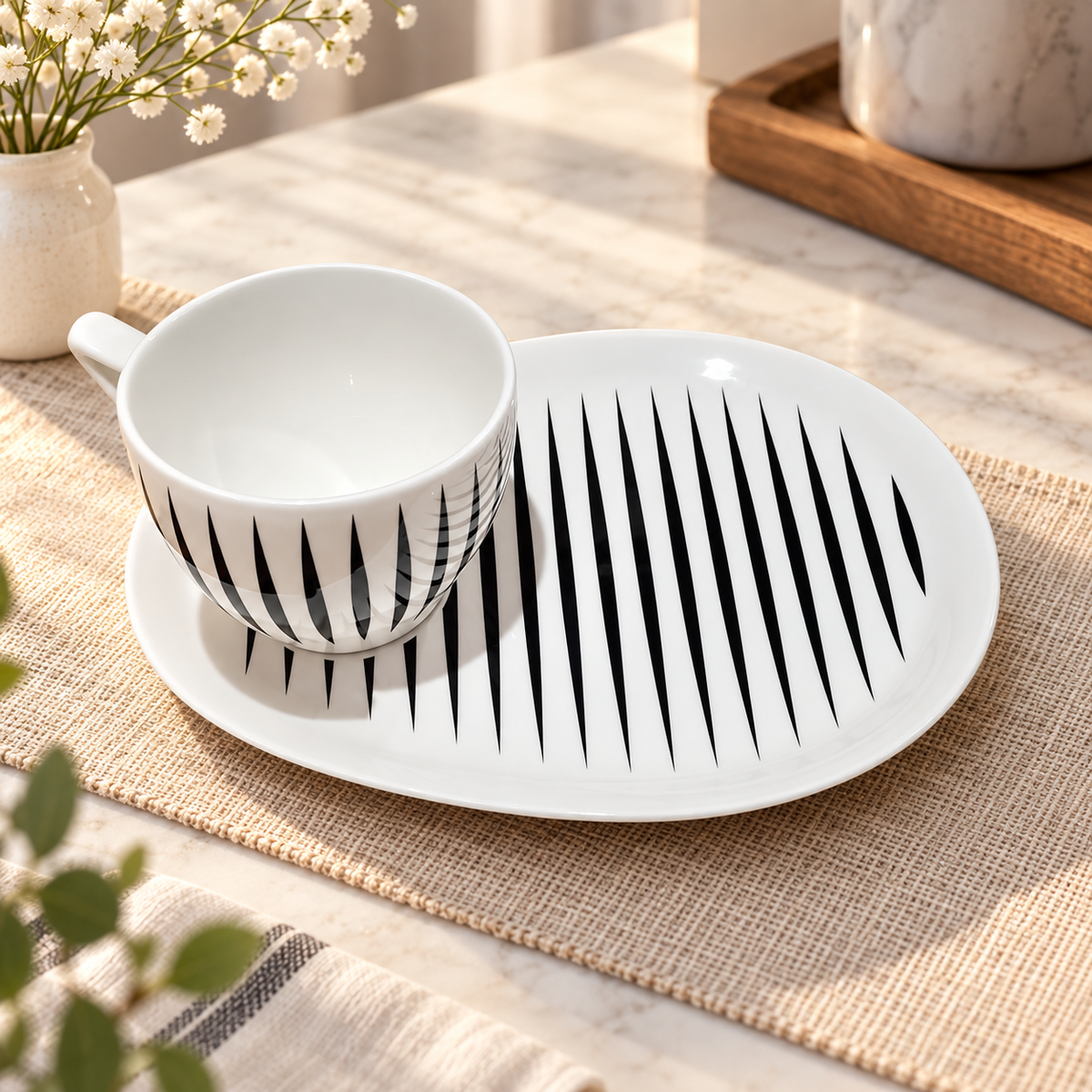 Stylish 1-Piece Striped Cup and Saucer Set – Black & White