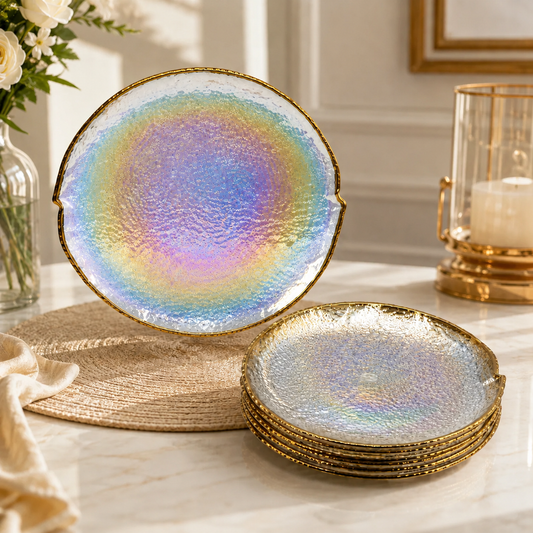 7 Pcs Cake Set – Textured Serving Plate Set in Black, Iridescent, Green, Grey, Pink, Amber, Brown, Red, Golden & Clear
