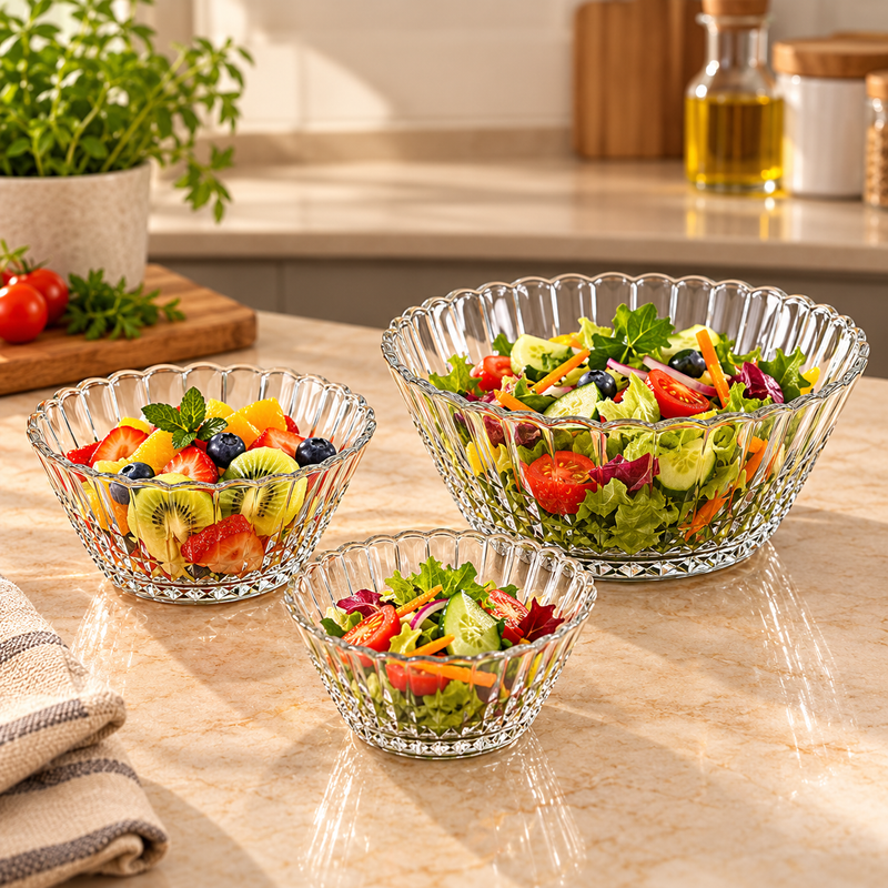 7-Piece Clear Glass Fruit Set 2.18L & 360ml – Premium Decorative Serving Bowl Set