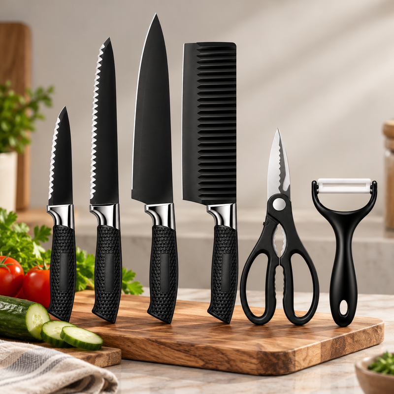 Premium 6-Piece Kitchen Knife Set with Scissors & Peeler – Black