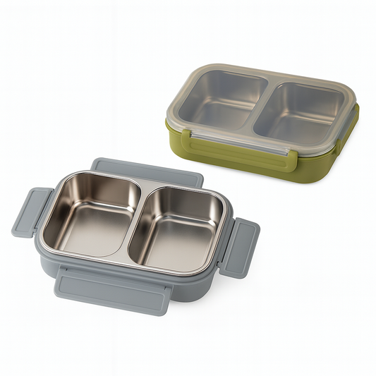 SS Lunch Box with Silicone Partition Grip – Dual Section Food Container (Grey, Green)