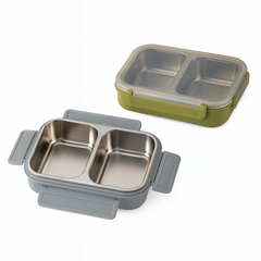 SS Lunch Box with Silicone Partition Grip – Dual Section Food Container (Grey, Green)