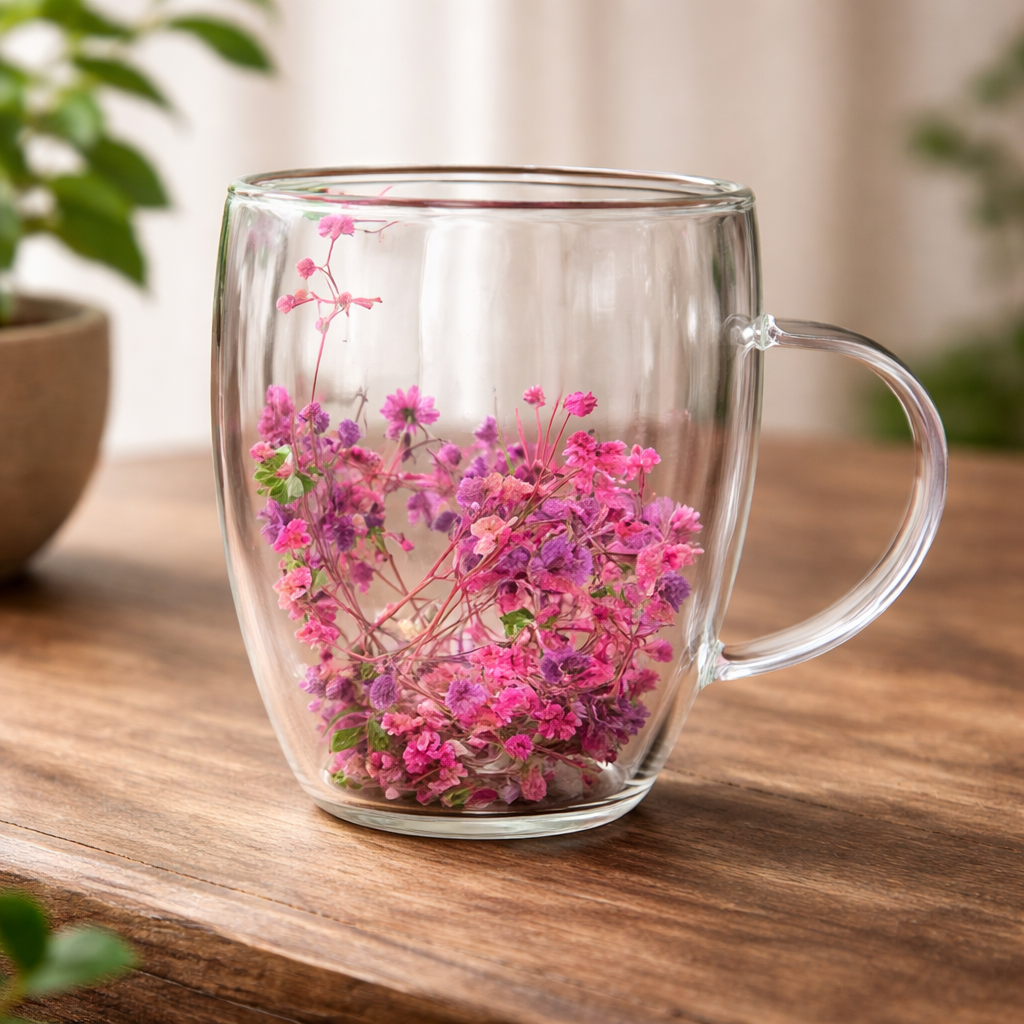 Flower Double Wall Glass Mug – Pink & Purple Floral Aesthetic Cup - Habitt