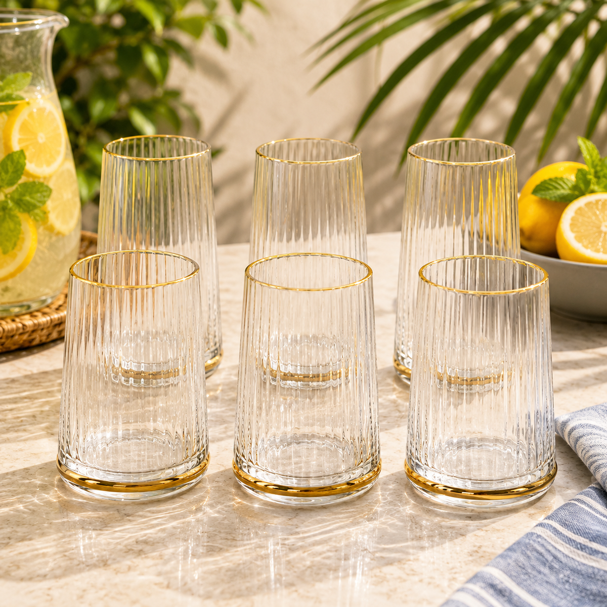 6 Pcs Clear Ribbed Glass Set with Golden Rim & Base – Elegant Drinking Glass Set
