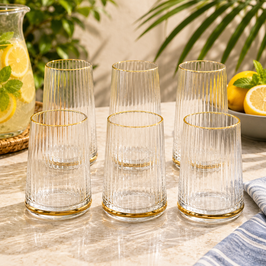 6 Pcs Clear Ribbed Glass Set with Golden Rim & Base – Elegant Drinking Glass Set