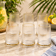 6 Pcs Clear Ribbed Glass Set with Golden Rim & Base – Elegant Drinking Glass Set
