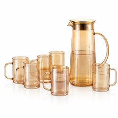 8-Piece Glass Water Set with Jug, Lid & Mugs – Elegant Amber-Tone Serving Set