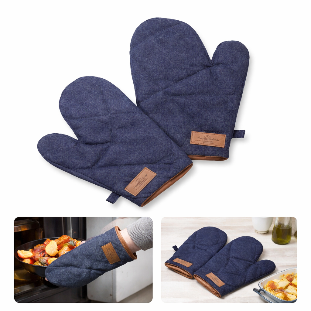 Imperial Denim Oven Gloves – Heat Resistant Quilted Kitchen Mittens (Pair) - Habitt