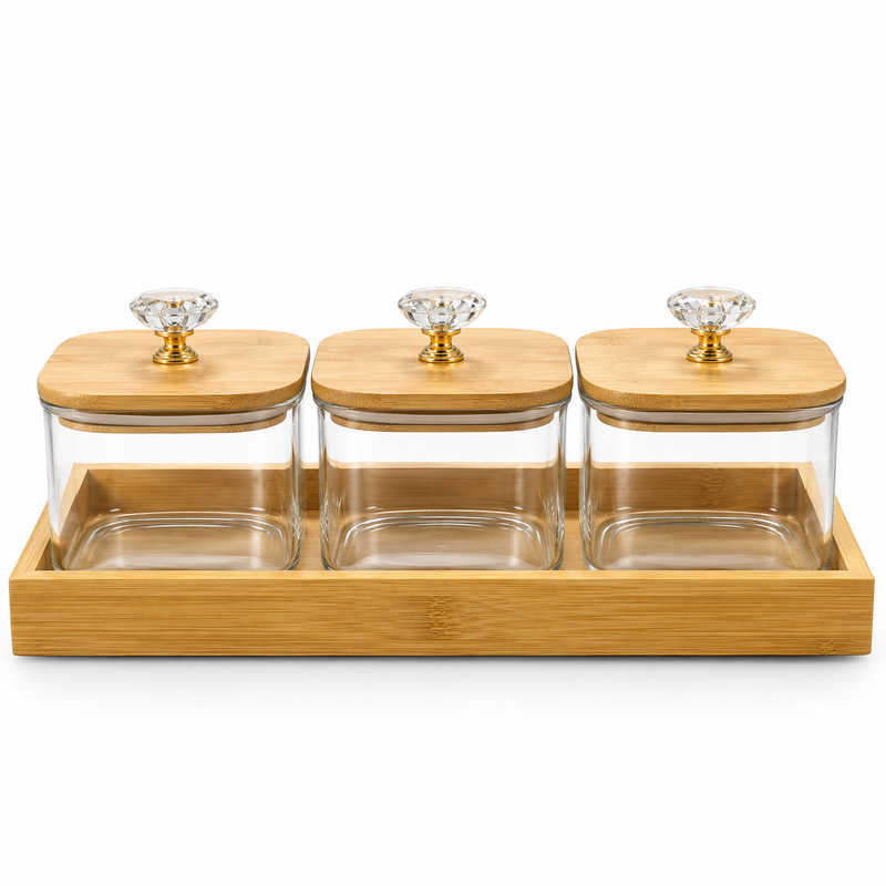 3-Piece Jar Set with Tray & Lids – Decorative Kitchen Storage Jars for Dry Fruits, Nuts, Snacks & Sweets