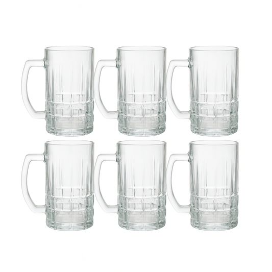 Premium Textured Clear Glass Juice Mug 400 ml with Handle – Set of 6 | Durable Drinkware for Home & Café