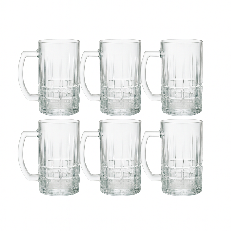 Premium Textured Clear Glass Juice Mug 400 ml with Handle – Set of 6 | Durable Drinkware for Home & Café - Habitt