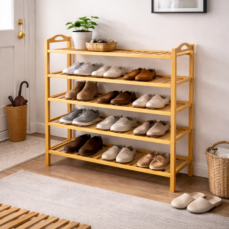 5-Tier Bamboo Shoe Rack – Space-Saving Wooden Shoe Storage Organizer (95x63x25cm) - Habitt