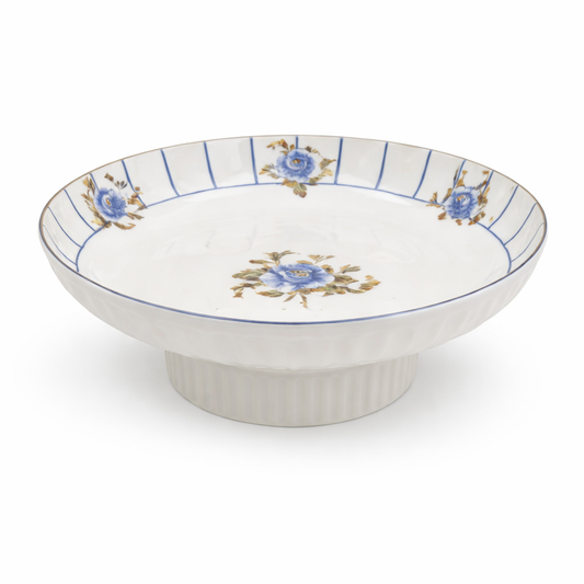 Elegant Blue Rose Pedestal Fruit Bowl – 11 Inch Classic Floral Serving Bowl