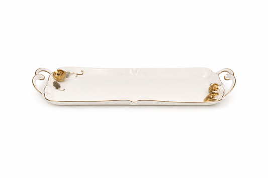 Elegant Rectangular Serving Tray with Gold Rose Accents & Handles