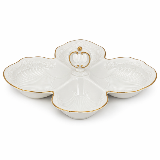 Large White Porcelain 4-Section Snack Dish with Gold Trim – Elegant Divided Serving Platter