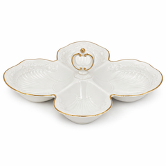 Large White Porcelain 4-Section Snack Dish with Gold Trim – Elegant Divided Serving Platter