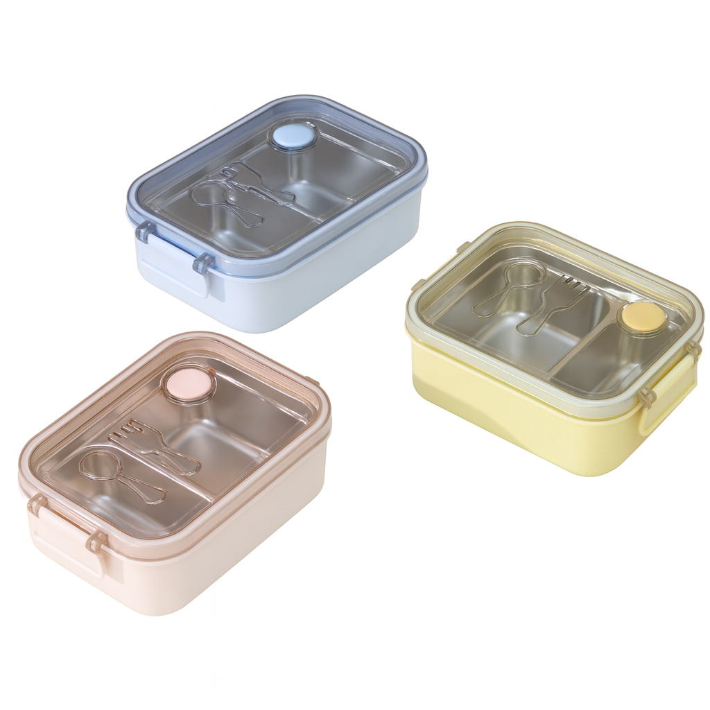 1Pc SS Lunch Box with Pressure Hole – Three-Section Food Container for School & Office (Brown, Yellow, Blue)