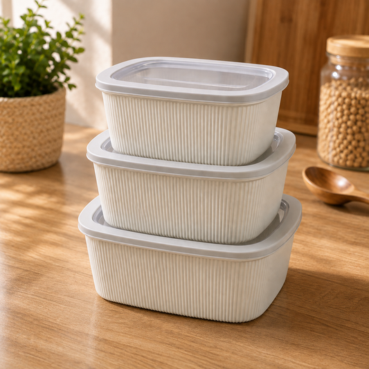 Kitchen Storage Box Ribbed – 3 Piece Food Storage Container Set with Lids | BPA-Free Multipurpose Organizers