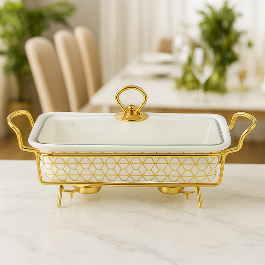 Premium 16.5" Ceramic Casserole With Gold Metal Stand – Elegant Serving & Warming Dish