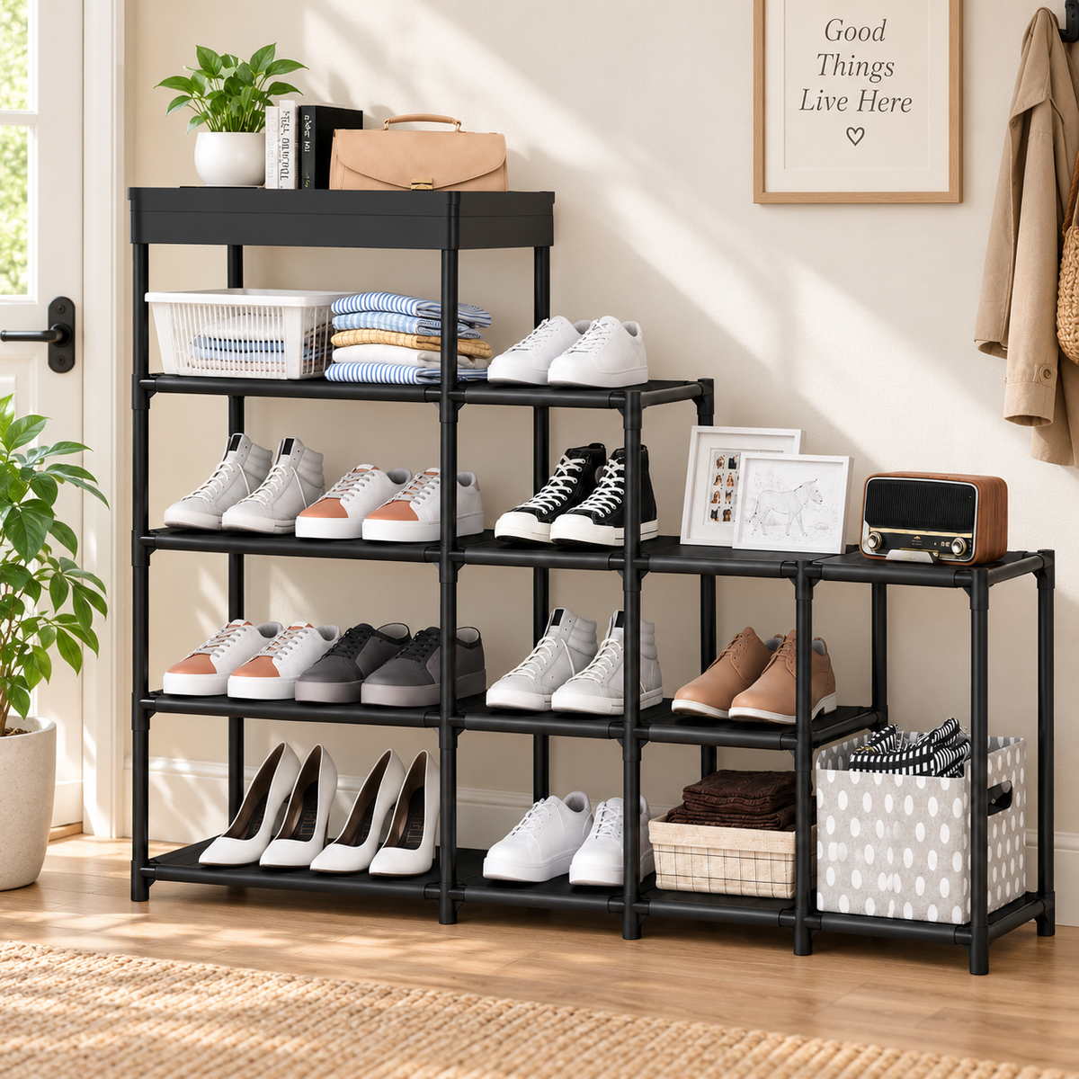 Multi-Tier Step Storage Rack | Black Modular Organizer Shelf