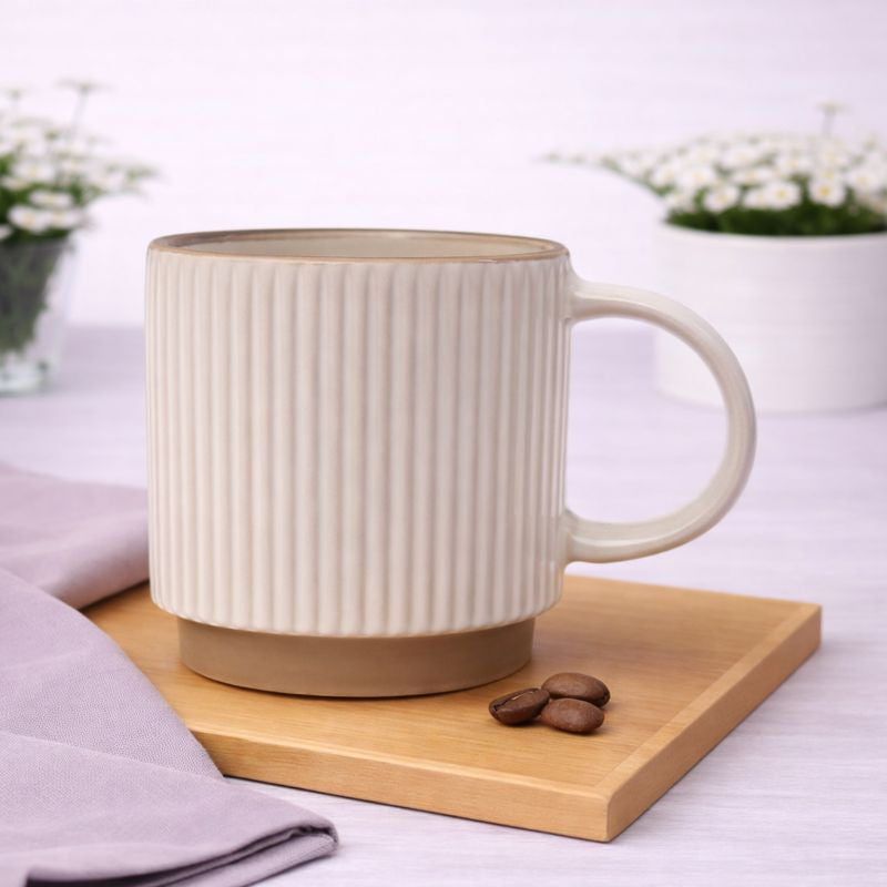 White Ribbed Ceramic Mug 3.5 x 4 Inch | Minimalist Coffee & Tea Mug with Natural Base