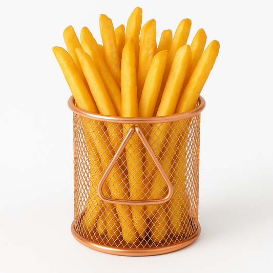 Round Fries Strainer – Silver &amp; Black Stainless Steel Mesh Basket