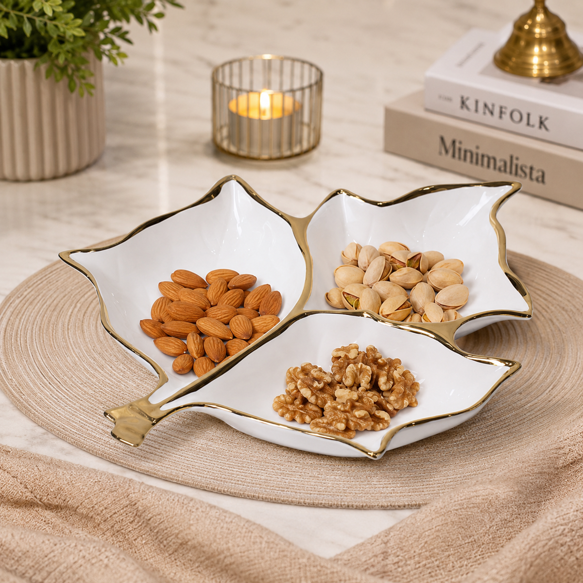 Elegant White & Gold Leaf Shaped Divided Dry Fruit Serving Plate with 3 Compartments for Nuts, Snacks, Candies & Festive Entertaining