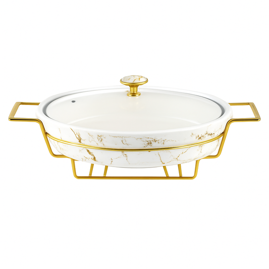 13.5" Oval Marble-Design Ceramic Casserole With Gold Candle Stand – Elegant Buffet & Serving Dish