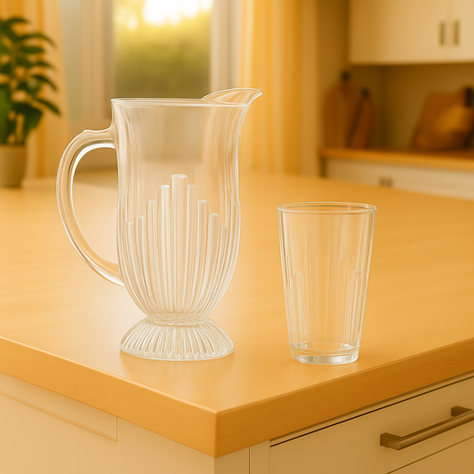 Footed Ribbed Glass Water Set – 7-Piece Set (1.2 L Jug + 370 mL Glasses)