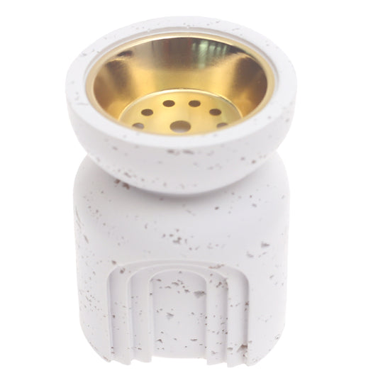 Minimalist Concrete Incense Burner – White with Gold Bowl