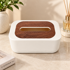 Tissue Box White with Wood-Finish Top – Modern Decorative Tissue Holder