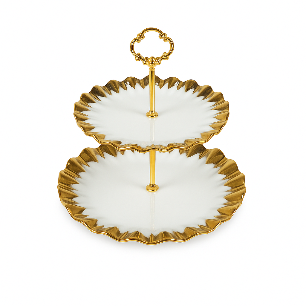 Super Dine 2 Tier – White &amp; Gold Ceramic Serving Stand