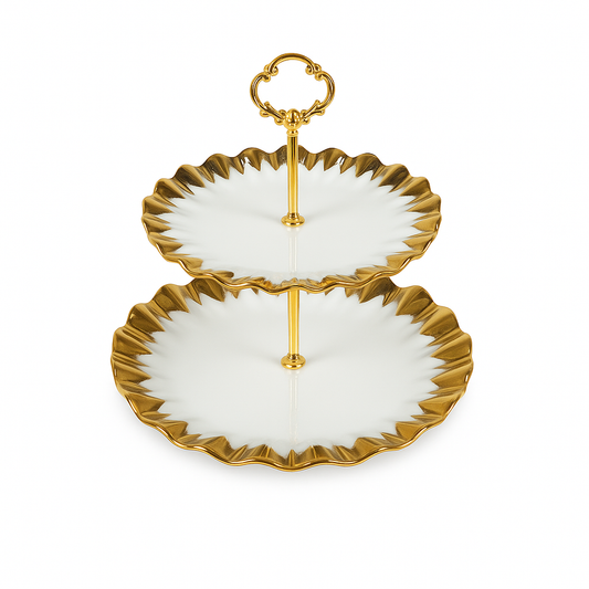 Super Dine 2 Tier – White &amp; Gold Ceramic Serving Stand