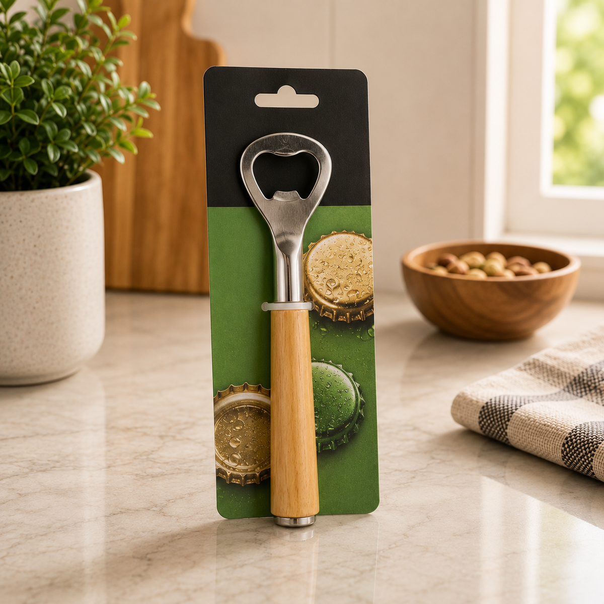 Stainless Steel Bottle Opener with Wooden Handle – Heavy-Duty Bar Tool (1 Pc)