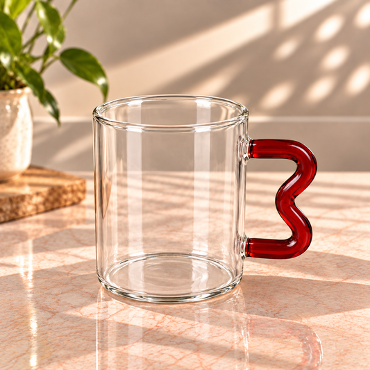 Clear Glass Mug with Red Wavy Handle – Modern Design