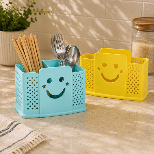 Assorted 1Pc Cutlery & Stationery Organizer – Dual Compartment Plastic Storage Holder