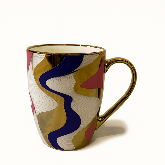 Luxury Gold Handle Ceramic Mug – Abstract Blue, Pink & Gold Swirl Coffee Cup