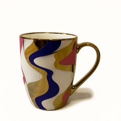 Luxury Gold Handle Ceramic Mug – Abstract Blue, Pink & Gold Swirl Coffee Cup