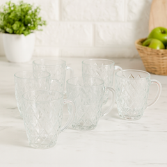 520 ml Crystal-Pattern Juice Mug – Heavy-Duty Glass Mug Set of 6 for Water, Juice, Shakes & Beverages