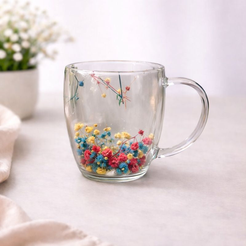 Double Wall Floral Mug – Transparent Tea & Coffee Cup with Dried Flowers