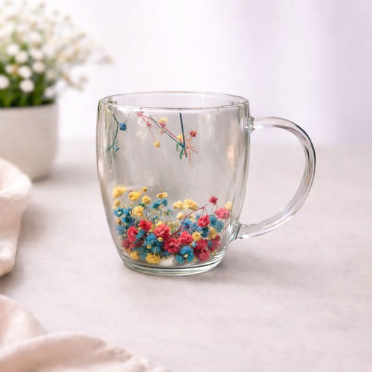 Double Wall Floral Mug – Transparent Tea & Coffee Cup with Dried Flowers
