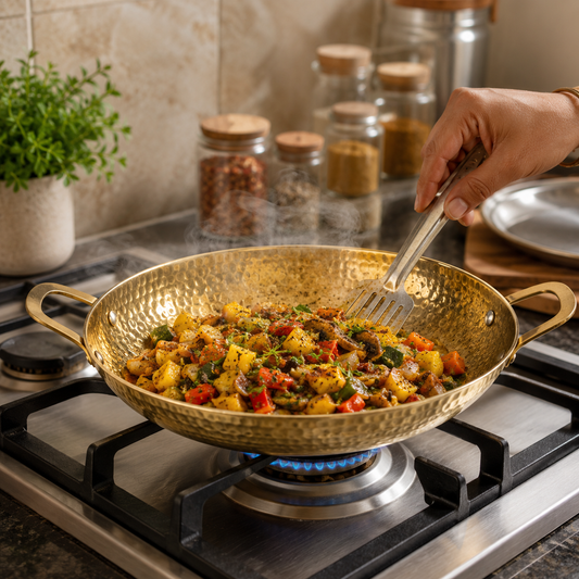 Stainless Steel Golden Flat Karahi Korean Style