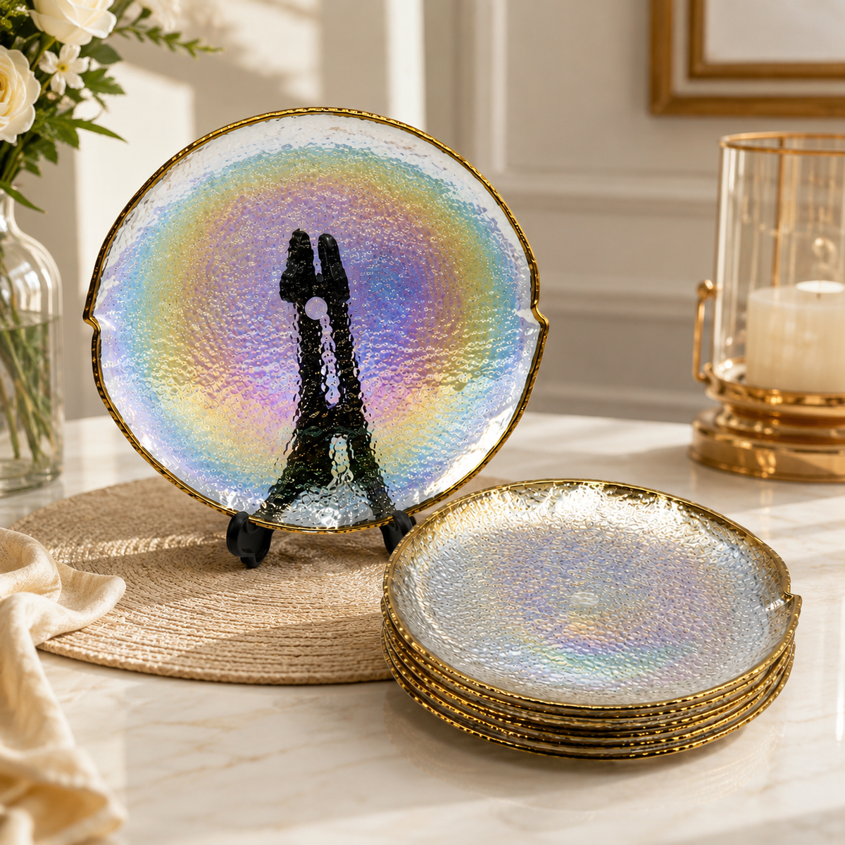 7 Pcs Cake Set – Textured Serving Plate Set in Black, Iridescent, Green, Grey, Pink, Amber, Brown, Red, Golden & Clear