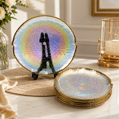 7 Pcs Cake Set – Textured Serving Plate Set in Black, Iridescent, Green, Grey, Pink, Amber, Brown, Red, Golden & Clear
