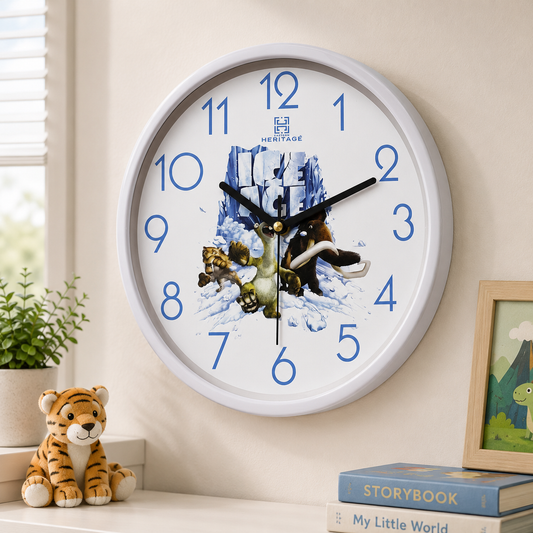 Heritage Pastel Wall Clock 12 Inch – Kids Cartoon Design with Ice Age Theme & Blue Numerals (Plastic)