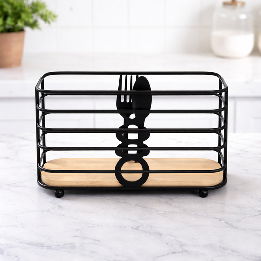 Modern Black Spoon Stand – Decorative Metal Cutlery Holder with Wooden Base - Habitt