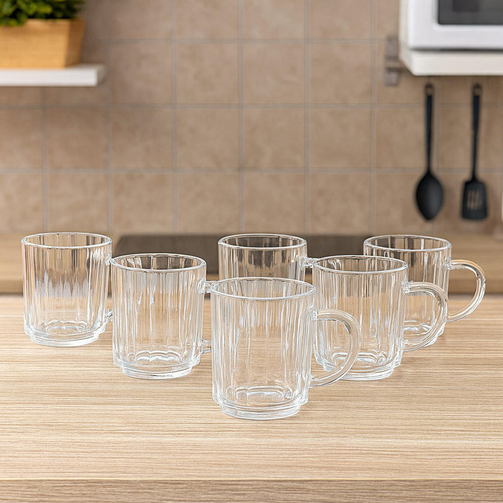 Clear Ribbed Glass Mug 240 ml – Durable Everyday Tea & Coffee Mug (6 Pcs)