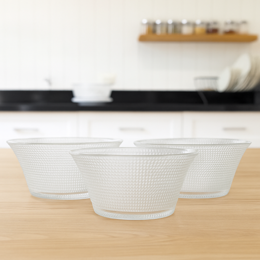 Deli Glassware Textured Clear Glass Bowl Set – 3 Pieces, 223 mm Diameter