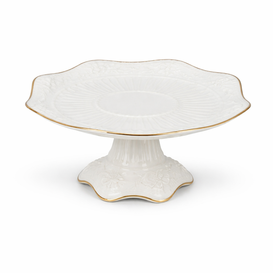 Medium White Porcelain Fruit Dish with Gold Trim – Elegant Pedestal Serving Dish (23×23×10 cm)